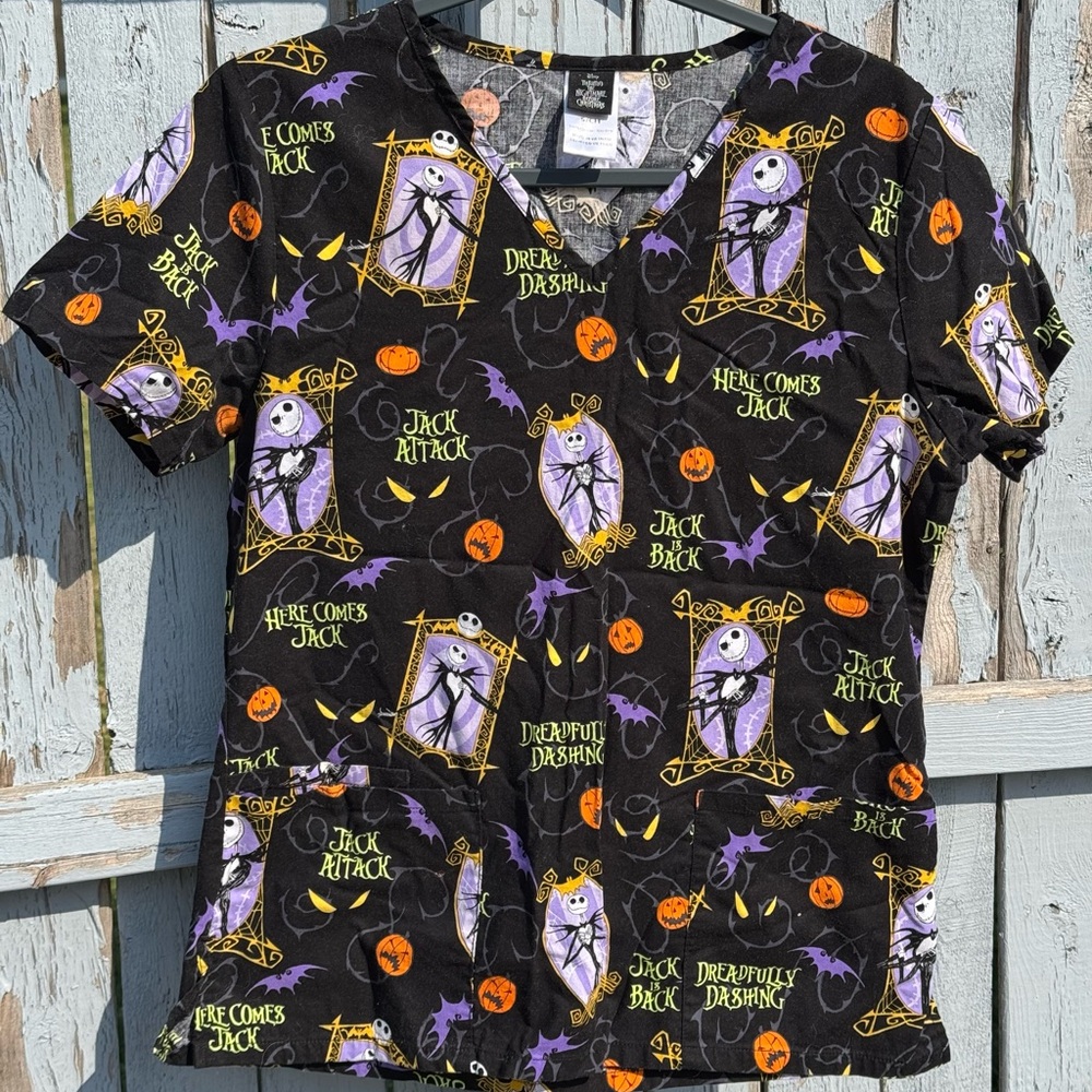 Disney Nurse Scrub Top Small Tim Burton’s Jack Skellington Halloween Shirt Black